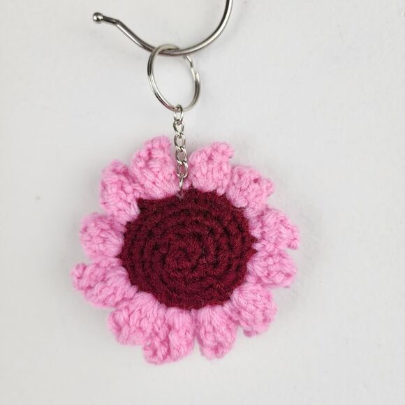 New Crochet Burgundy Pink Flower Keychain Handmade Handcrafted - Picture 4 of 6